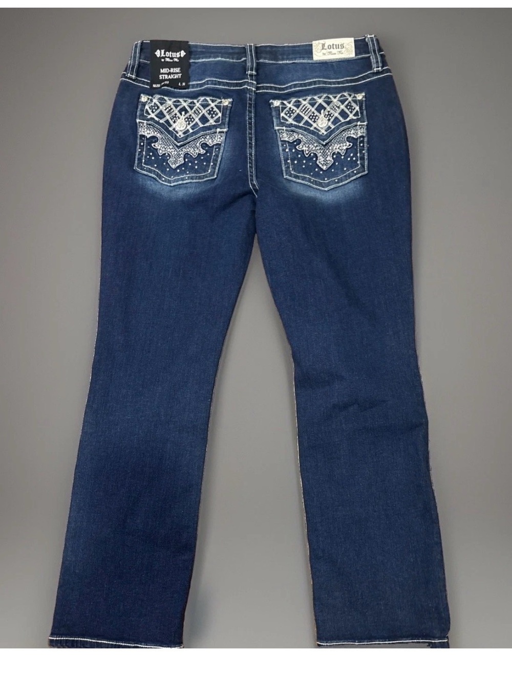 Miss Me Lotus Dark Blue Bootcut Jeans w/Embellished Pockets Y2K 36/22 NWT